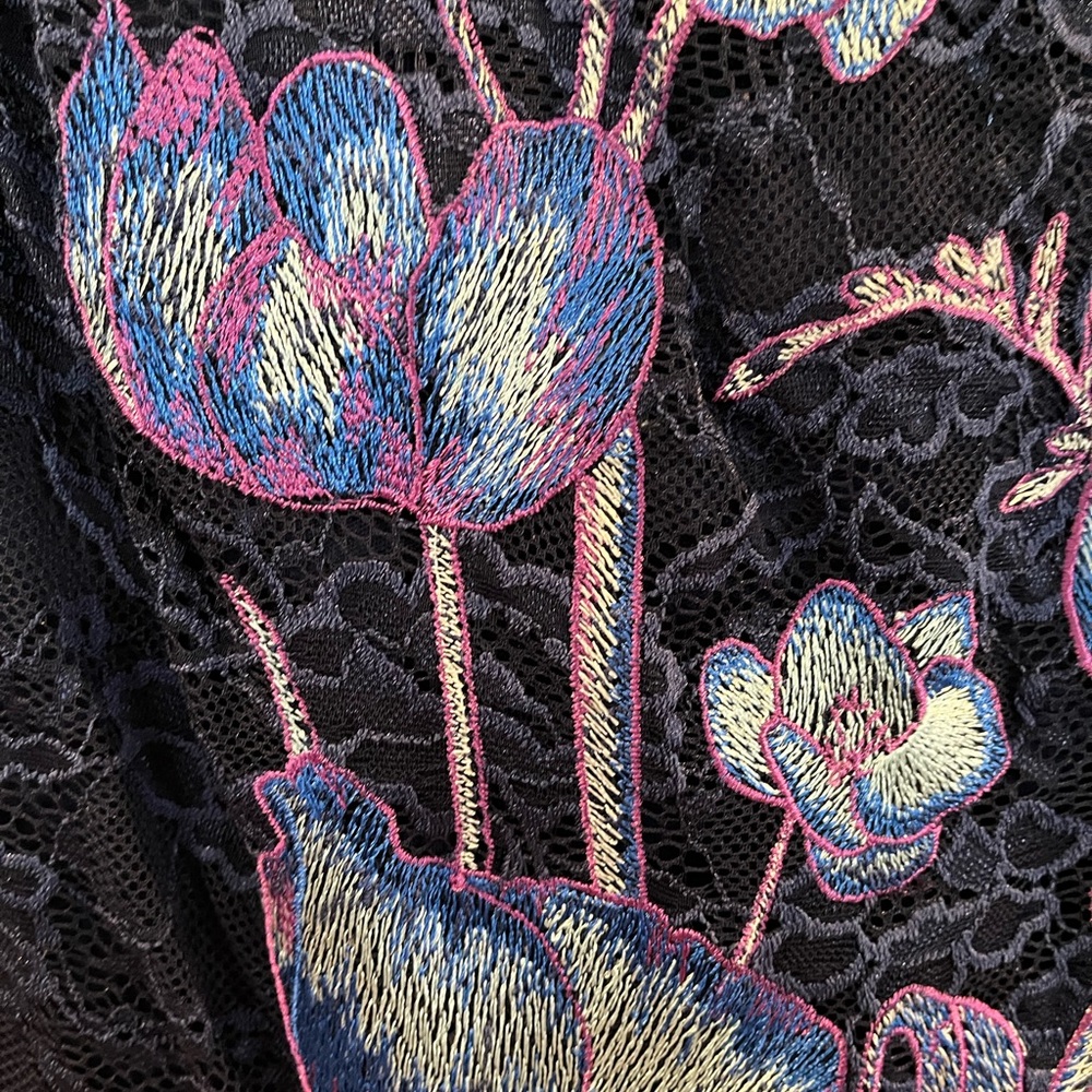 GUESS Women's Off The Shoulder Printed Embroidered Mesh Dress - Picture 3 of 7